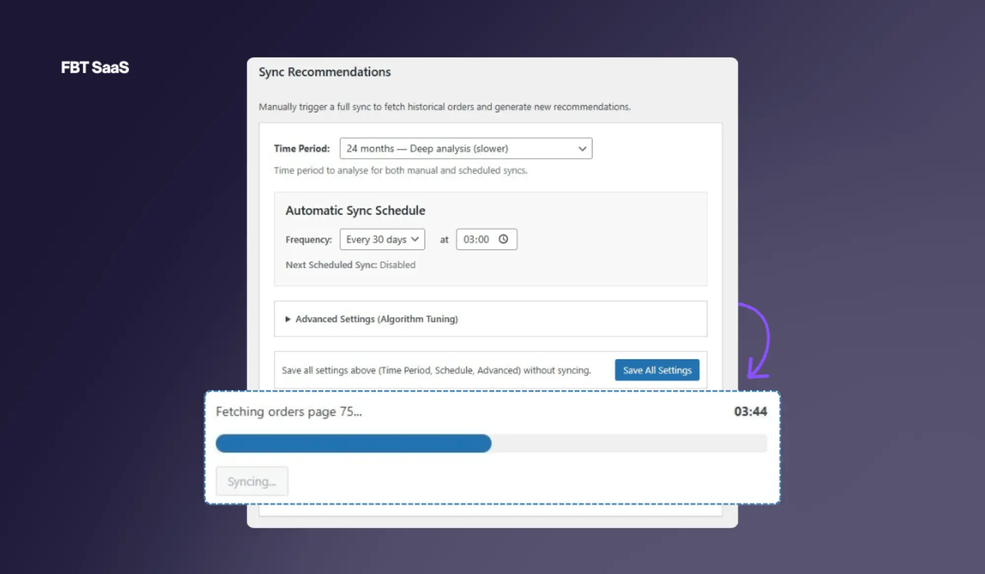 Sync in progress showing real-time progress bar, status message and elapsed timer