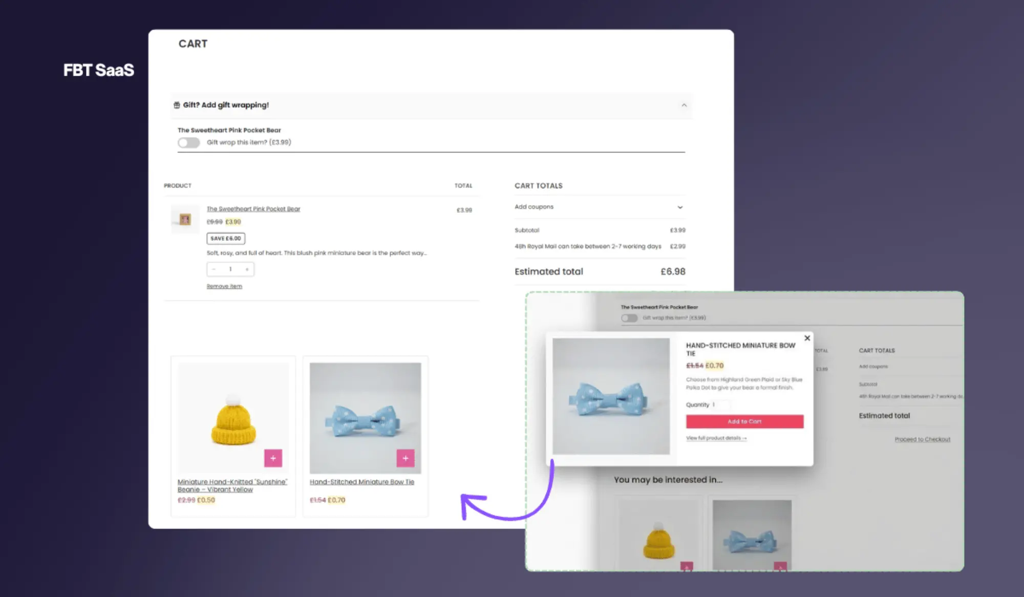 Cart page showing FBT upsell strip below the cart table with product images, names and Add to Cart buttons